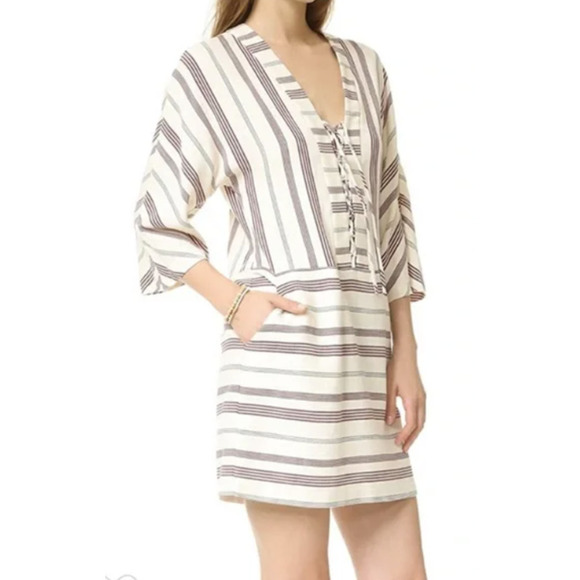 BCBGMAXAZRIA Milana Lace Up Tunic Dress Pockets White Red Black Striped Pullover - Picture 3 of 11